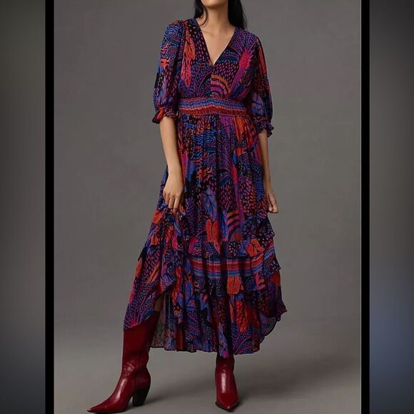 farm rio x anthropologie v-neck tiered maxi dress Farm Rio x Anthropologie V-Neck Tiered Maxi Dress